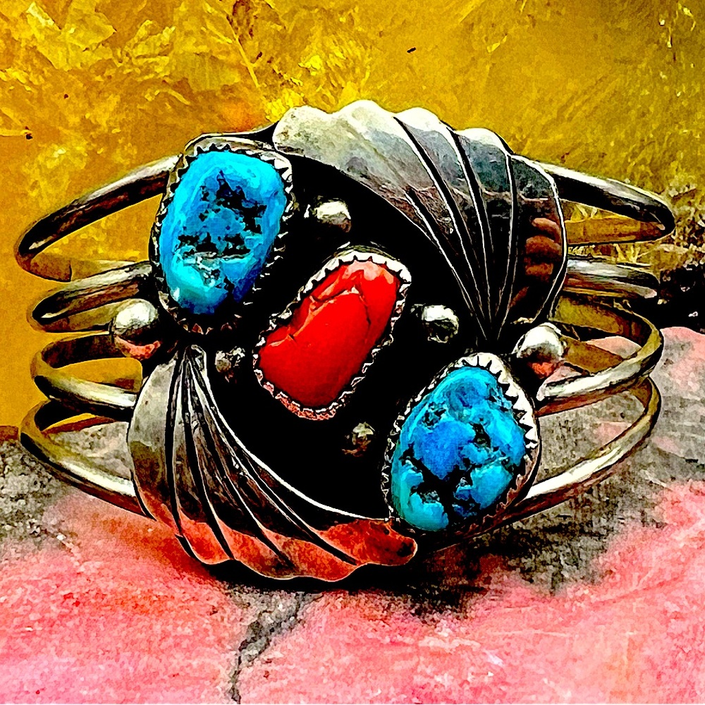 Rare Native American Navajo Artist signed Sterling Silver Turquoise Coral Cuff